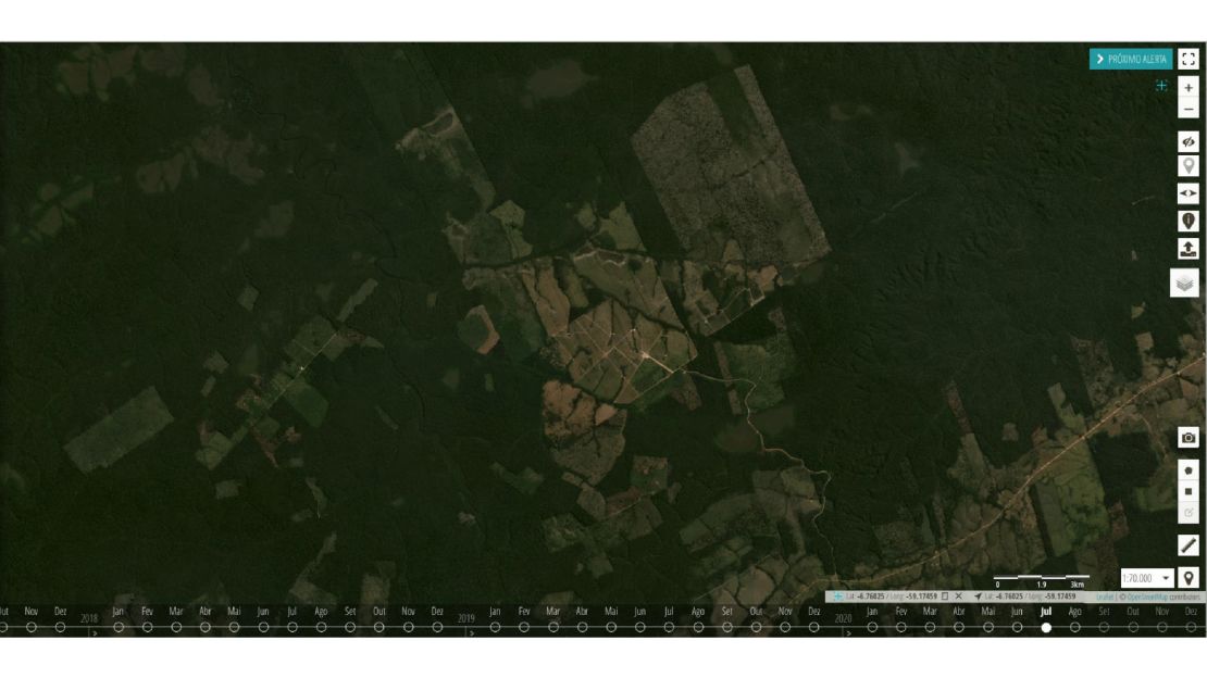 Satellite view of forests in Apui in July 2020 show expanded area of cleared land.