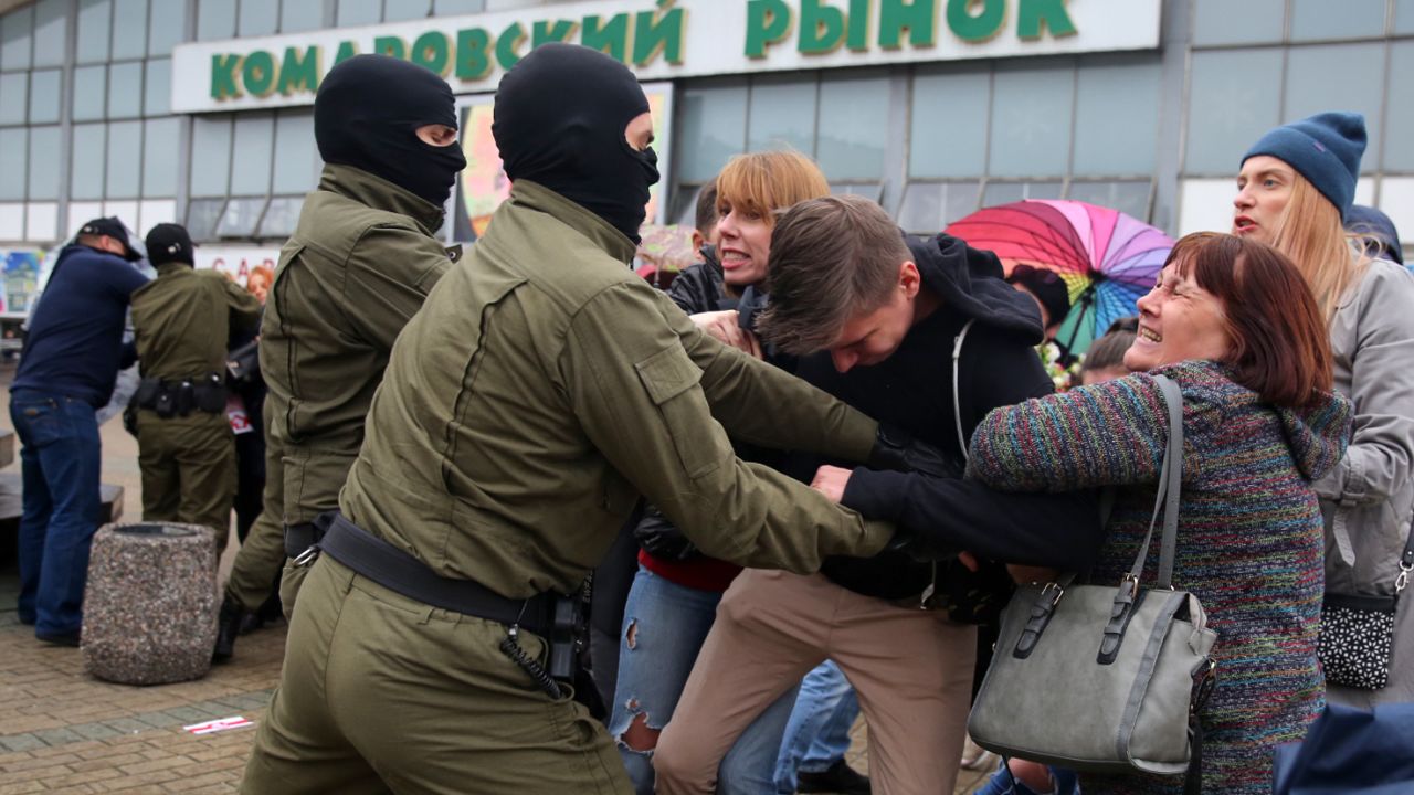 Law enforcement officers detain participants of a rally in support of detained opposition figure Maria Kolesnikova in Minsk on September 8.