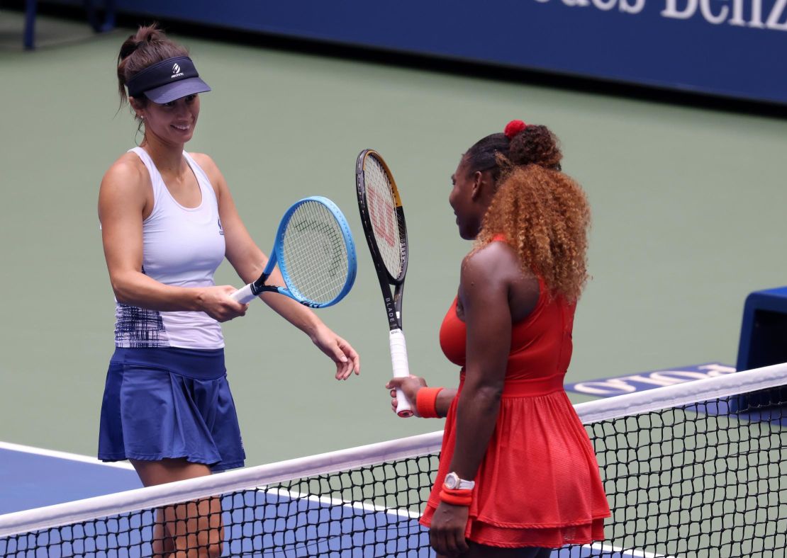 Serena Williams, right, and Tsvetana Pironkova exchange a smile after their US Open quarterfinal ended. 