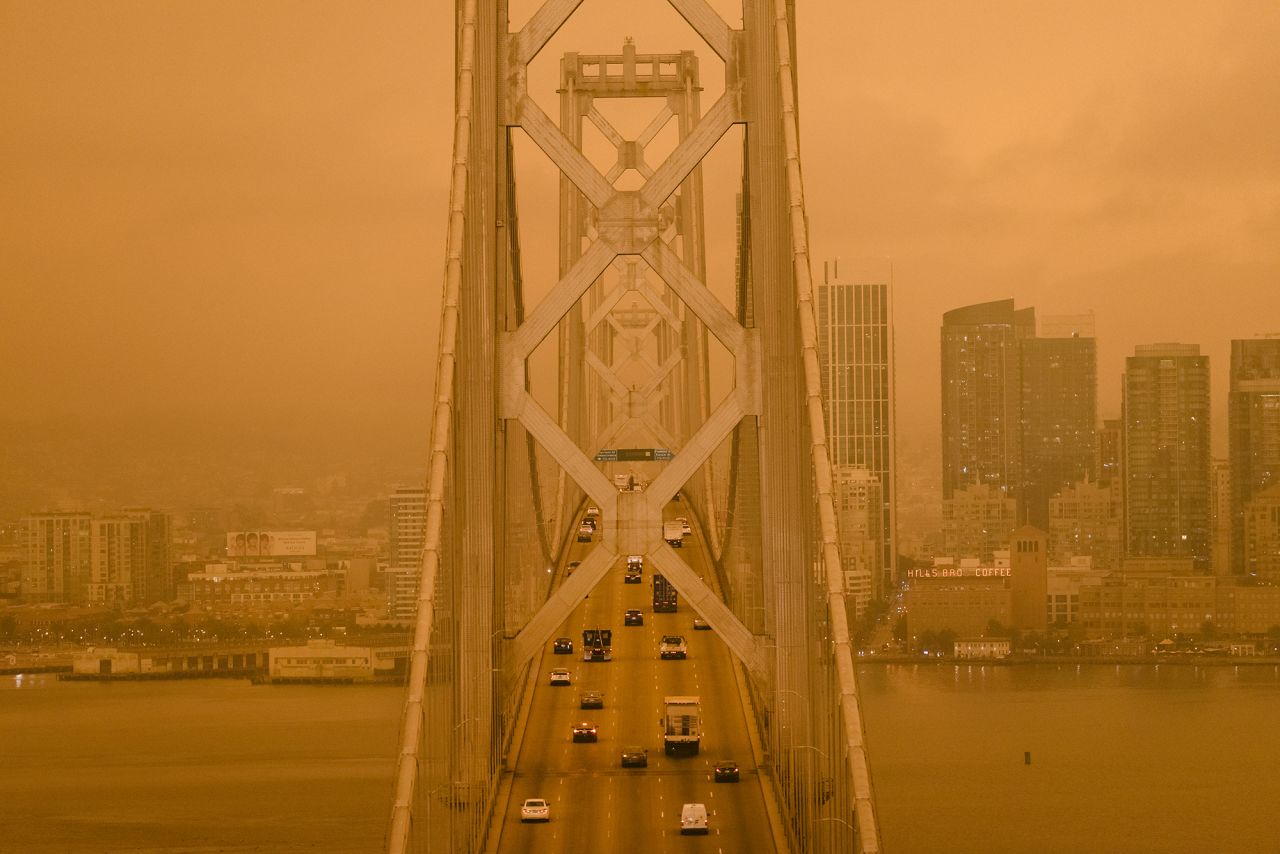 Wildfire smoke hangs over the San Francisco-Oakland Bay Bridge on September 9, 2020. 