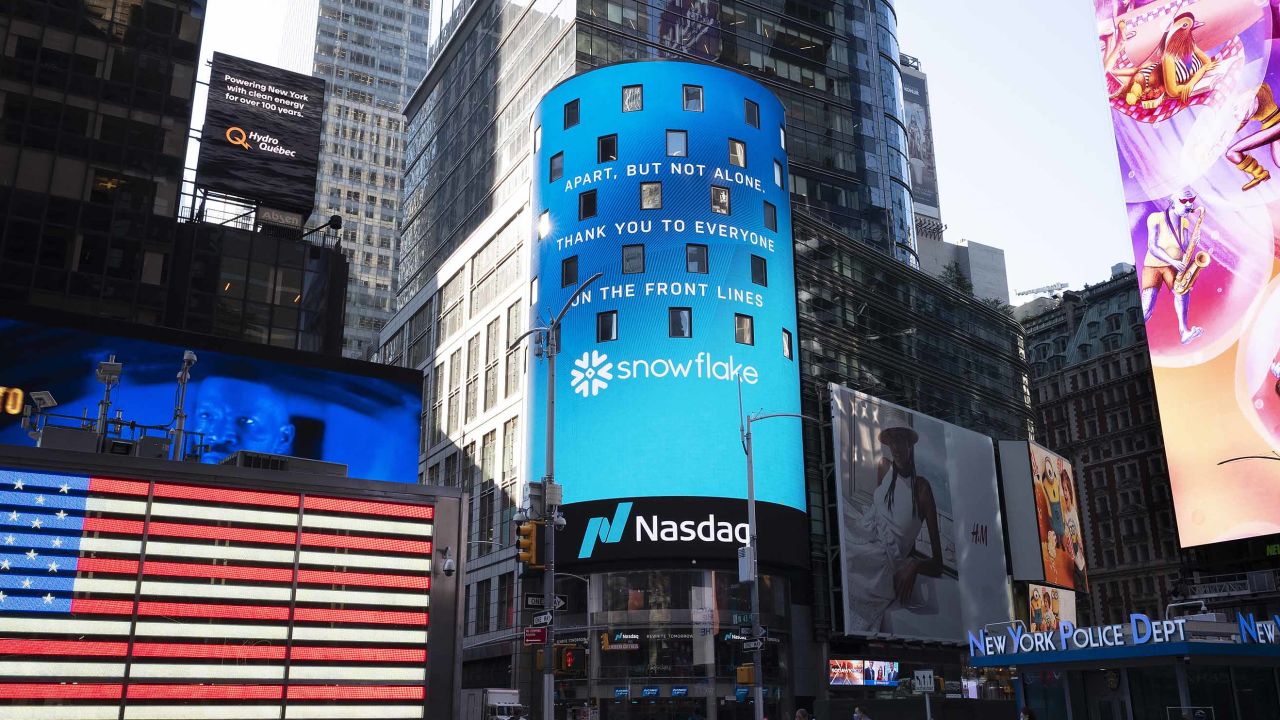 Cloud data warehouse company Snowflake is promoted at the Nasdaq MarketSite, Wednesday, Aug. 5, 2020, in New York's Times Square. (AP Photo/Mark Lennihan)