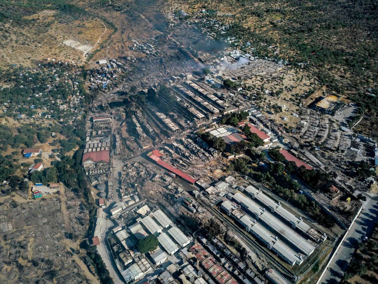 This aerial view, taken on September 10, shows the extent of fire damage at the Moria camp.
