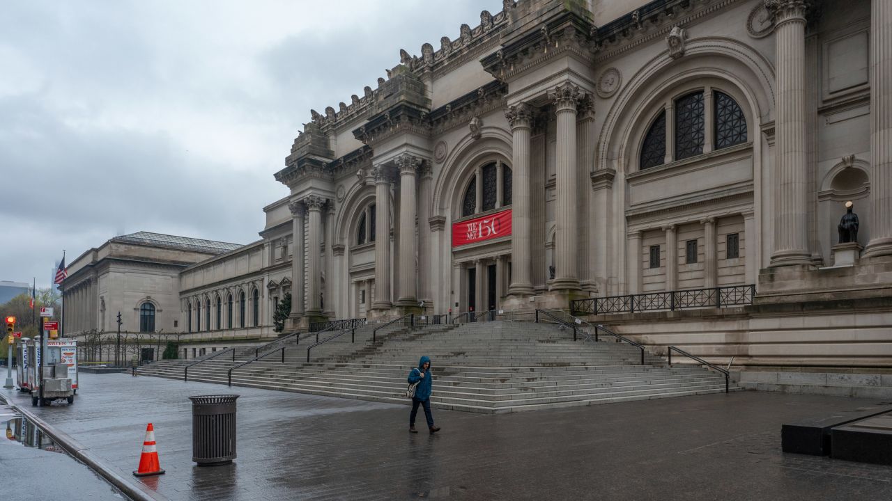 NEW YORK, NY - APRIL 24: A person walks by a desolate Metropolitan Museum of Art on April 24, 2020, in New York City. New York State Gov. Andrew Cuomo during his daily Covid-19 update stated the number of deaths related to the virus has dropped to its lowest one day total since April 1st.  (Photo by David Dee Delgado/Getty Images)
