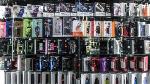 Vaping and e-cigarette products are displayed in a store on December 19, 2019, in New York City. 