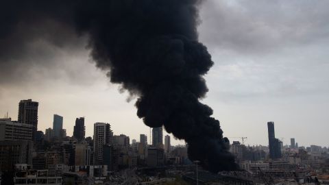 Smoke shrouds the Beirut skyline.