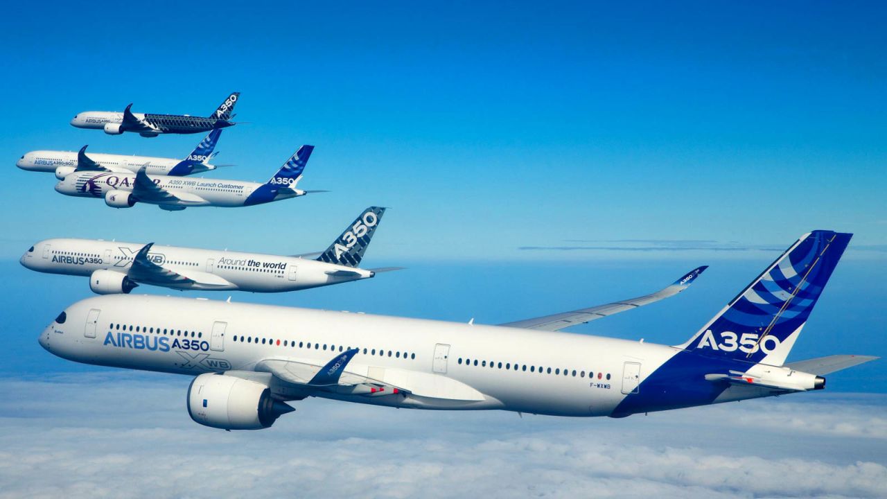 The Airbus A350, seen here during a formation flight, will be used during the tests.