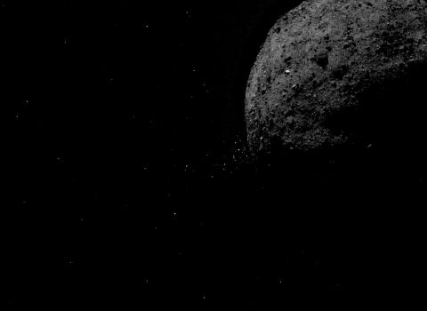 This image shows asteroid Bennu ejecting rock particles from its surface on Jan. 19, 2019. It was created by combining two images taken by the OSIRIS-REx spacecraft.