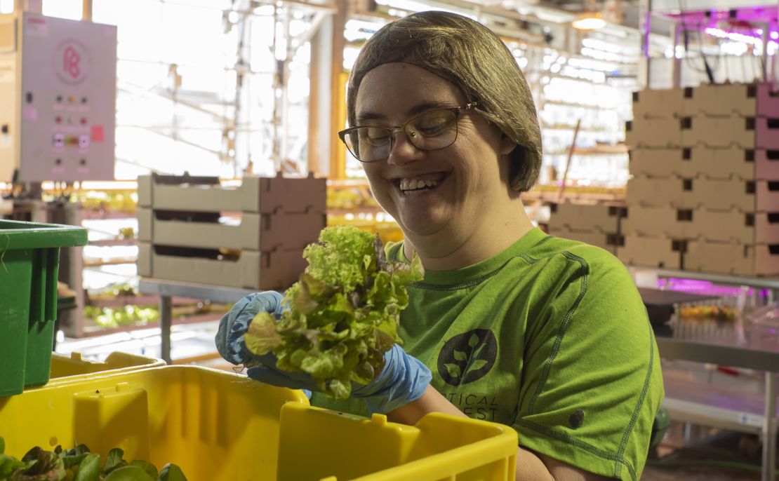 Mycah Miller, a Vertical Harvest employee, packages lettuce greens to be delivered to one of four grocery stores the vertical farm services in Jackson, Wyoming.
