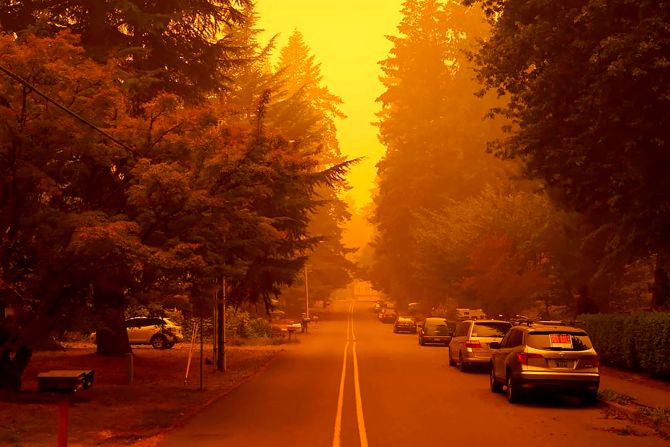 A street is shrouded by smoke from wildfires in West Linn, Oregon, on September 10, 2020.