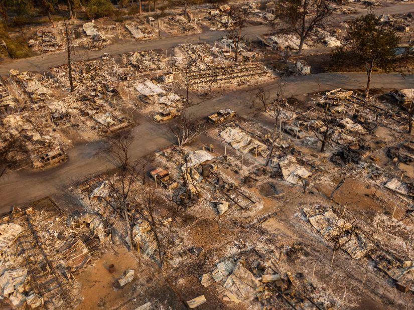 This aerial photo shows a destroyed mobile-home park in Phoenix, Oregon, on September 10, 2020.