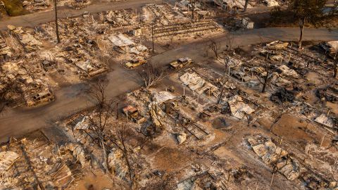 In this aerial view from a drone, a mobile home park destroyed by fire is shown on September 10, 2020 in Phoenix, Oregon. Hundreds of homes in the town have been lost due to wildfire. 