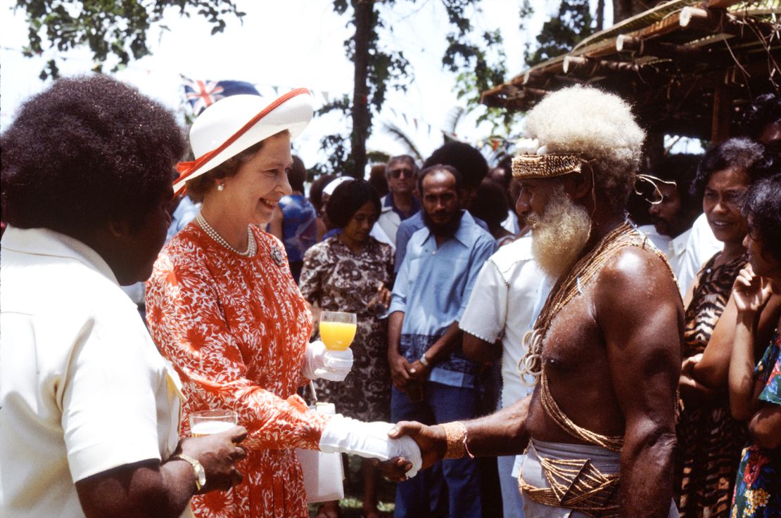 Queen Elizabeth II visiting the Solomon Isles in 1982. 