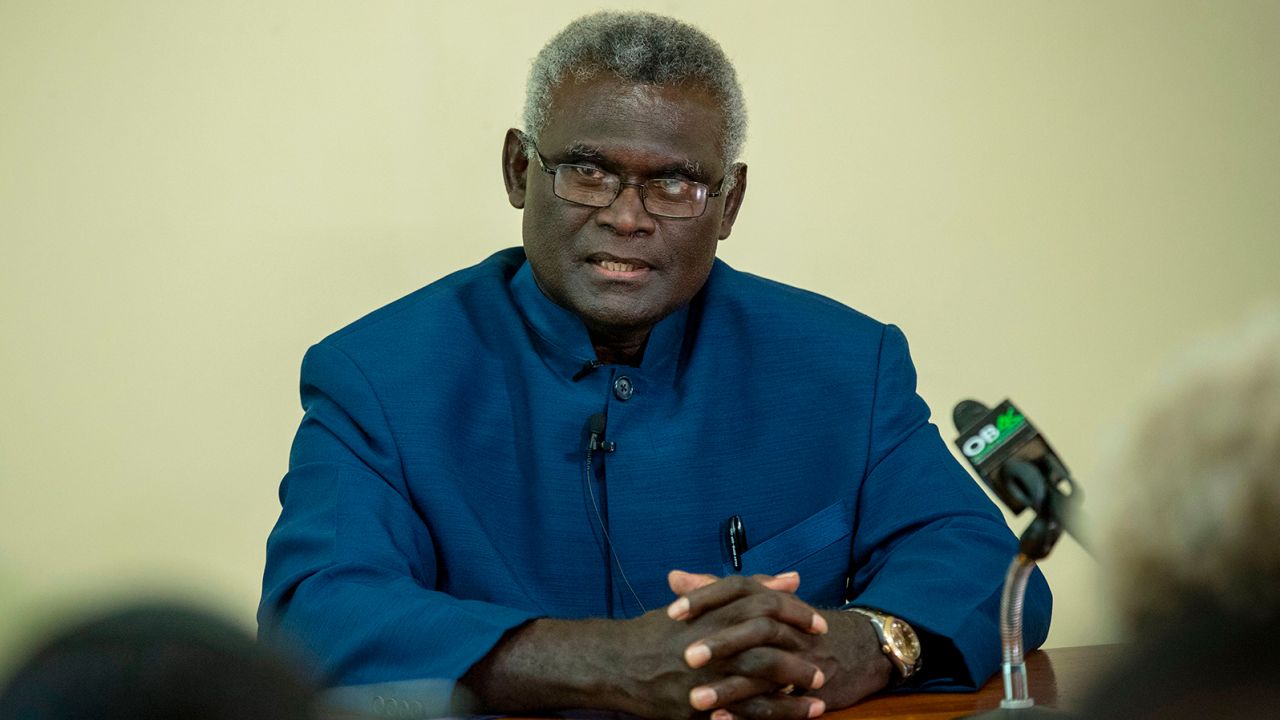 Manasseh Sogavare speaks at a press conference inside the Parliament House in Honiara, Solomons Islands on April 24, 2019. 