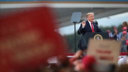 FREELAND, MICHIGAN - SEPTEMBER 10: President Donald Trump speaks to supporters during a rally on September 10, 2020 in Freeland, Michigan. Recent polls have Biden with a slight lead in the battleground state.  (Photo by Scott Olson/Getty Images)