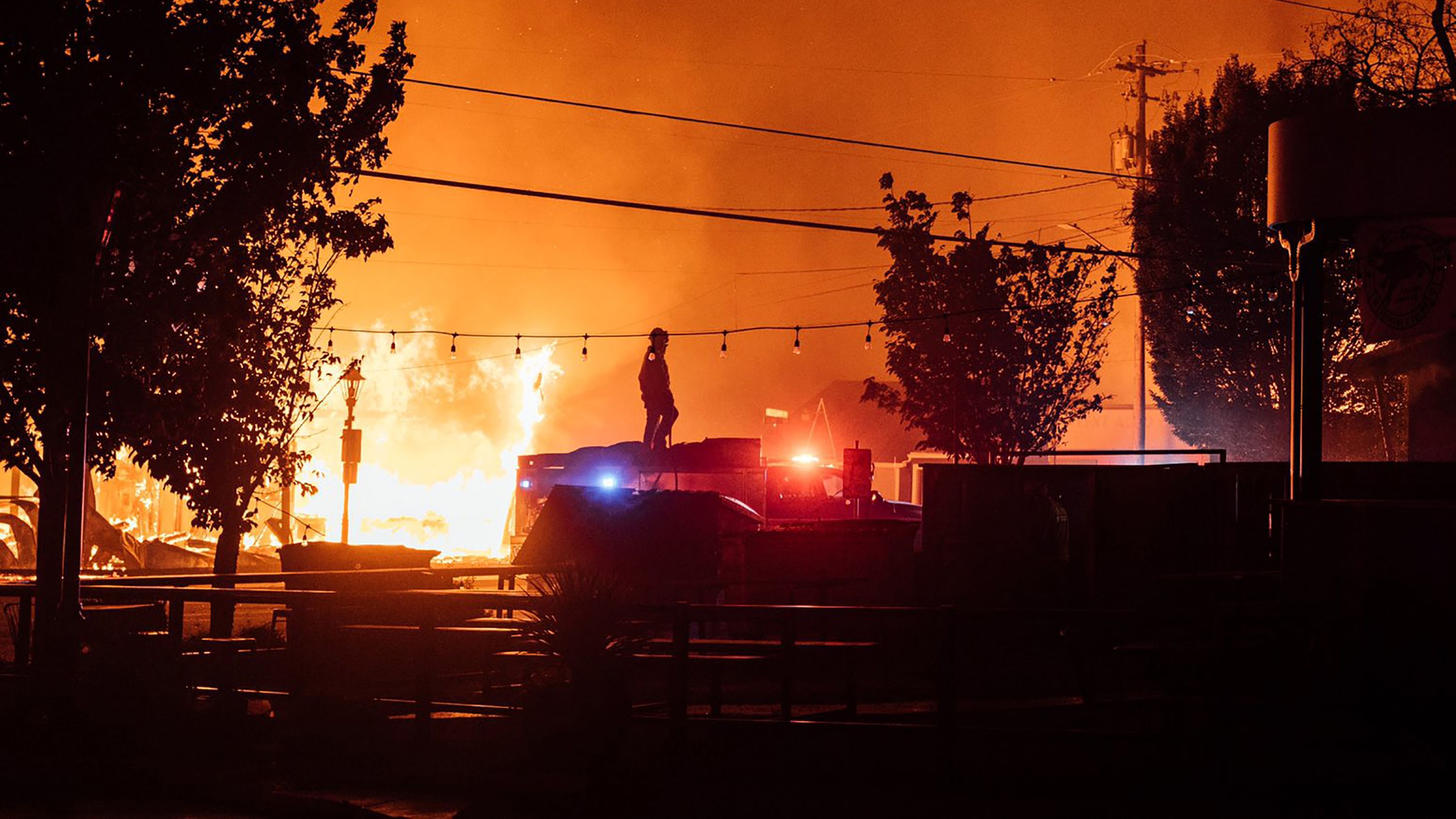 This photo taken by Talent, Ore., resident Kevin Jantzer shows the destruction of his hometown as wildfires ravaged the central Oregon town near Medford late Tuesday, Sept. 8, 2020. (Kevin Jantzer via AP)