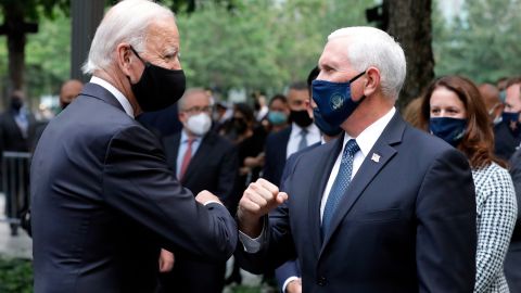Former Vice President Joe Biden, the Domocratic presidential candidate, greets Vice President Mike Pence in New York on Friday.