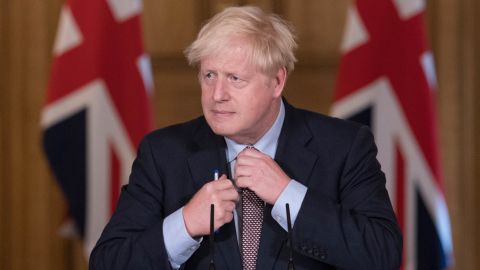 Prime Minister Boris Johnson attends a virtual press conference at Downing Street.