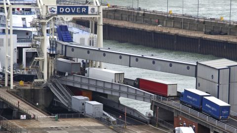 Lorries begin to board a ferry at the UK port of Dover. 
