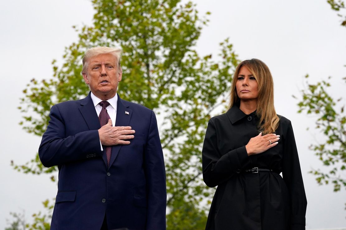 President Donald Trump and First Lady Melania Trump during the Pledge of Allegiance at the Flight 93 National Memorial in Shanksville, Pa.