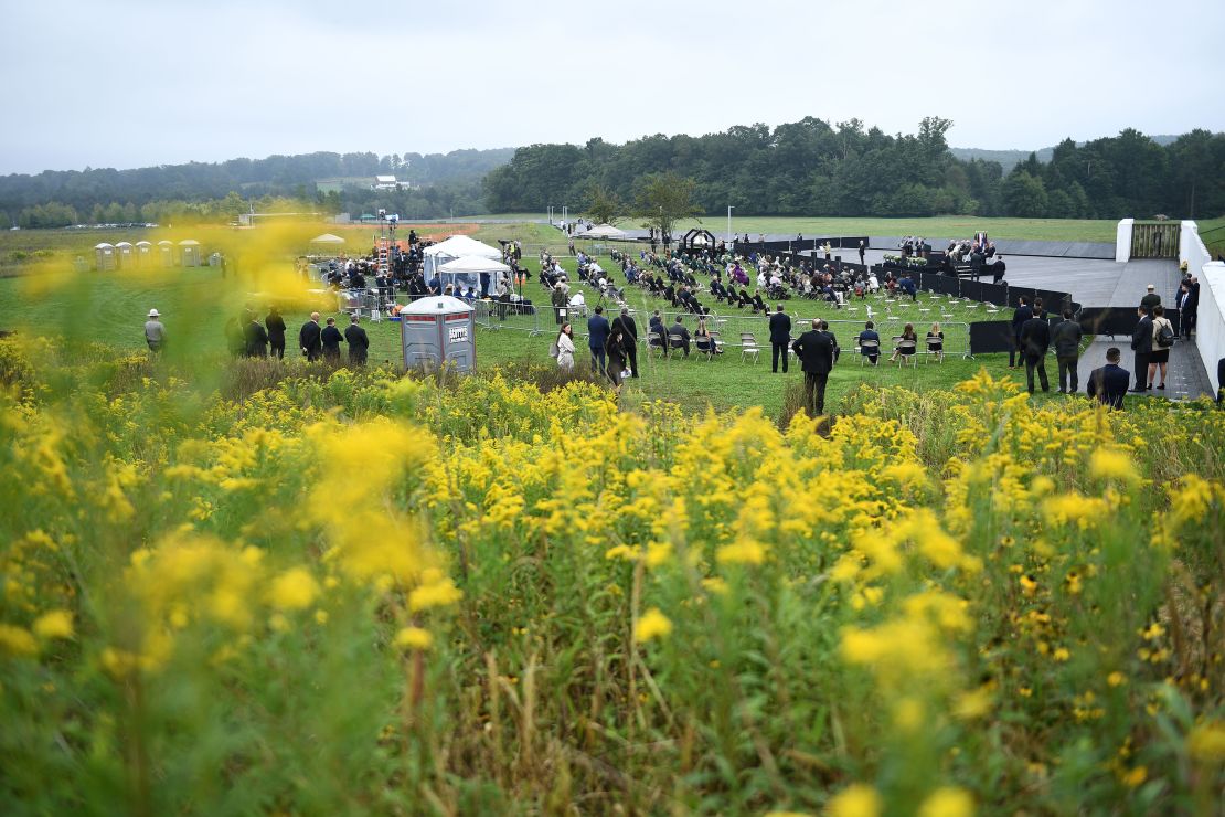 Mourners gather for a ceremony attended by President Trump in Shanksville, Pennsylvania. 