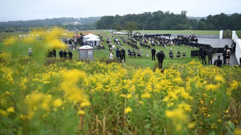 Mourners gather for a ceremony attended by President Trump in Shanksville, Pennsylvania. 