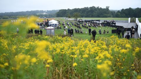 Mourners gather for a ceremony attended by President Trump in Shanksville, Pennsylvania.