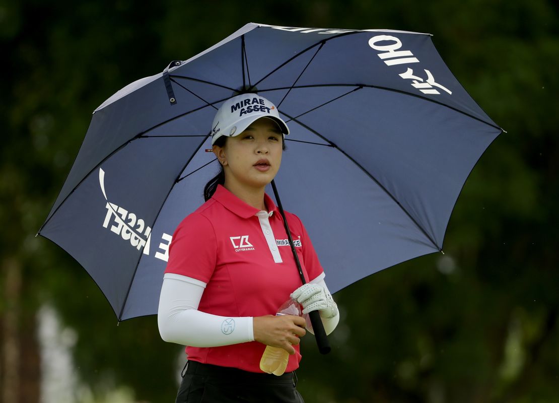 World No.6 Sei Young Kim uses a umbrella to protect herself from the sun during the first round of the ANA Inspiration.