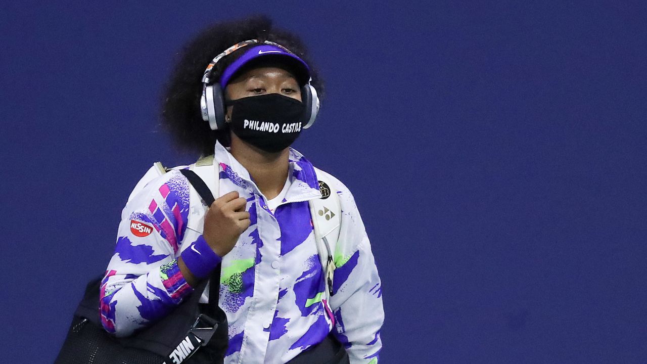 Osaka arrives for her semifinal against Jennifer Brady.