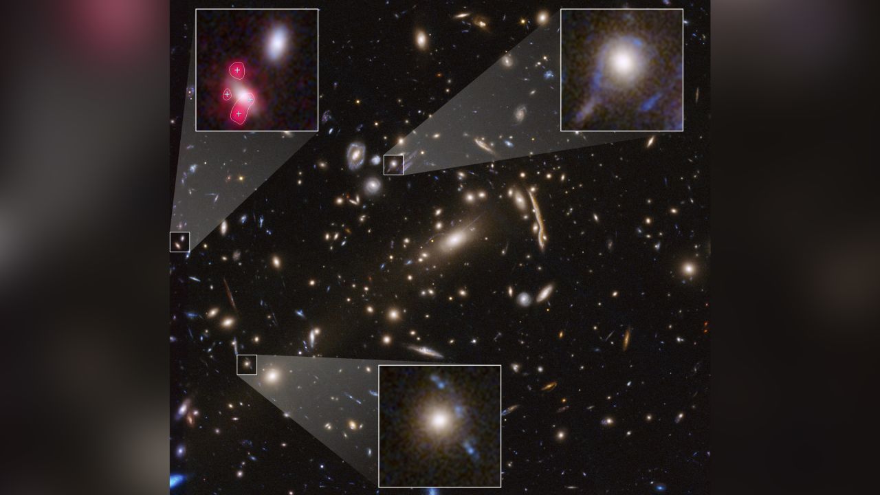 This Hubble Space Telescope image shows massive galaxy cluster called MACS J1206. Within this cluster are distorted images of distant background galaxies. They look like arcs and smears.  
