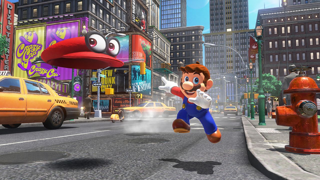 In "Super Mario Odyssey," Mario explores various worlds and can use his hat to transform into enemies.