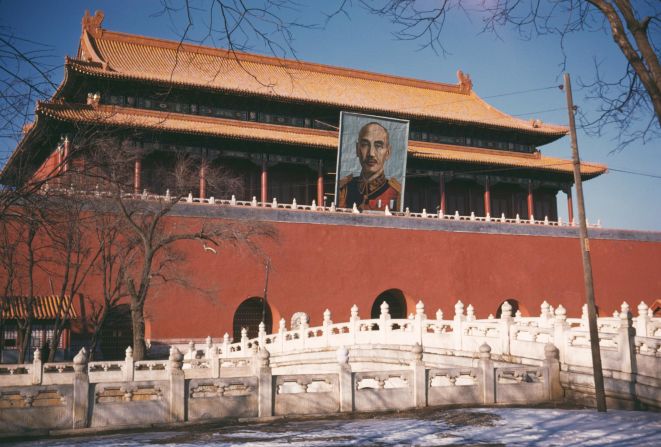 Tiananmen, or the Gate of Heavenly Peace, adorned with a portrait of Chinese Nationalist leader Chiang Kai-shek in 1948.