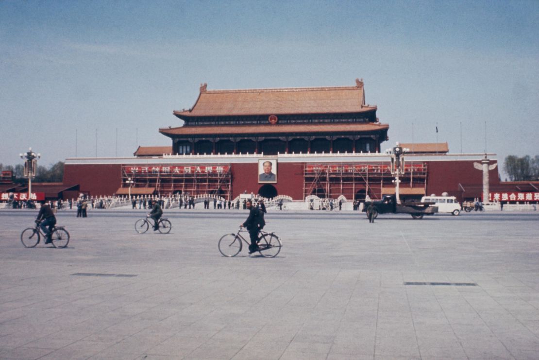 Tiananmen, or "Gate of Heavenly Peace," is located at the north end of Tiananmen Square. This image, captured circa 1965, shows the gateway to the Imperial City, which contains the Forbidden City.