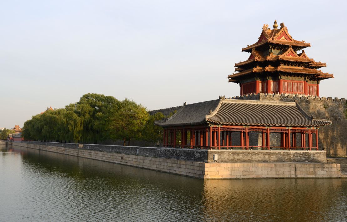A corner tower of Beijing's Forbidden City, which is surrounded by a moat known as the Tongzi River.