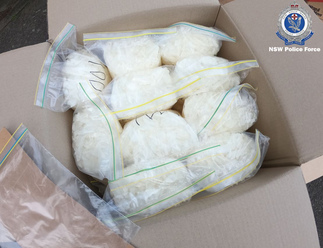 Bags of meth seized from a van that crashed into police vehicles in July 2019 in Sydney, Australia.