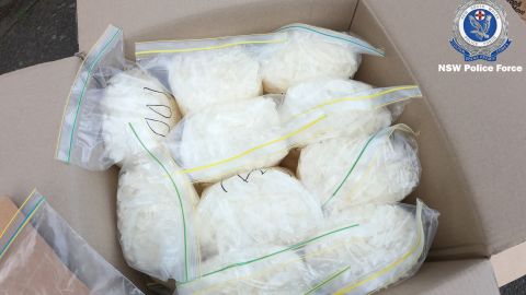 Bags of meth seized from a van that crashed into police vehicles in July 2019 in Sydney, Australia.