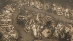 ASHLAND, OR - SEPTEMBER 11: In this aerial view from a drone, damaged homes are seen in a mobile home park that was destroyed by wildfire on September 11, 2020 in Ashland, Oregon. Hundreds of homes in Ashland and nearby towns have been lost due to wildfire. (Photo by David Ryder/Getty Images)