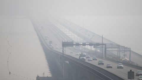 The Interstate 90 bridge over Lake Washington in Seattle disappears through heavy smoke from wildfires on Friday, September 11, 2020.