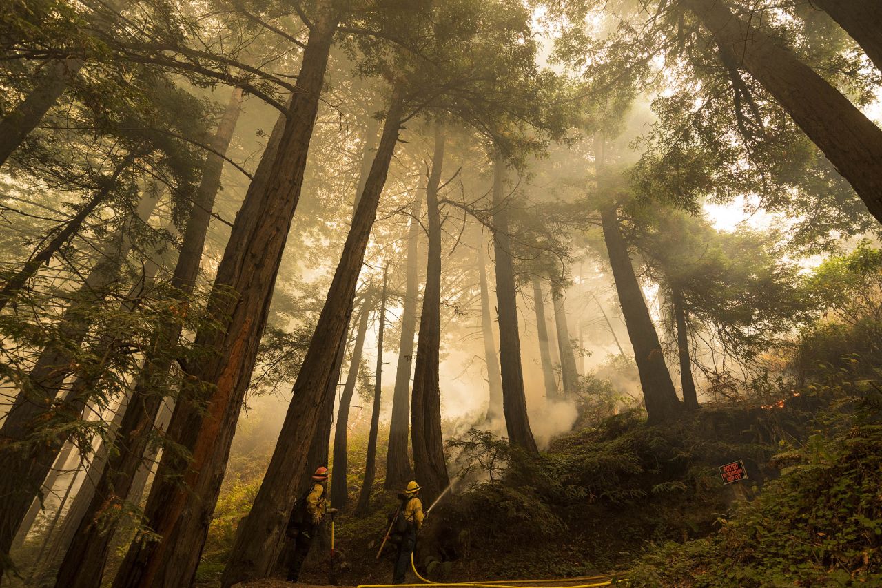 A firefighter shoots an incendiary device during a back burn to help control the Dolan Fire in Big Sur, California, on September 11, 2020. 