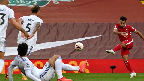 Mo Salah powers home Liverpool's third goal and his second in a pulsating clash at Anfield against Leeds United.