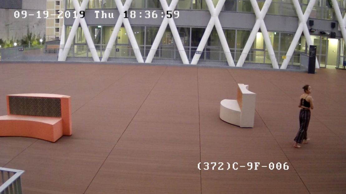 Chan is seen in surveillance footage from September 19, 2019. At some point during the evening, Chan took off her shoes and continued walking around the HKDI campus barefoot.