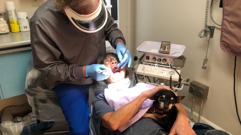 A patient has dental work done while holding Kismet.
