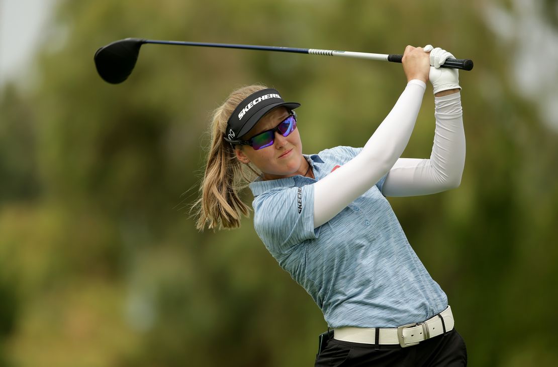 Brooke Henderson of Canada plays a tee shot on the 12th hole during the third round of the ANA Inspiration at the Dinah Shore course at Mission Hills Country Club.