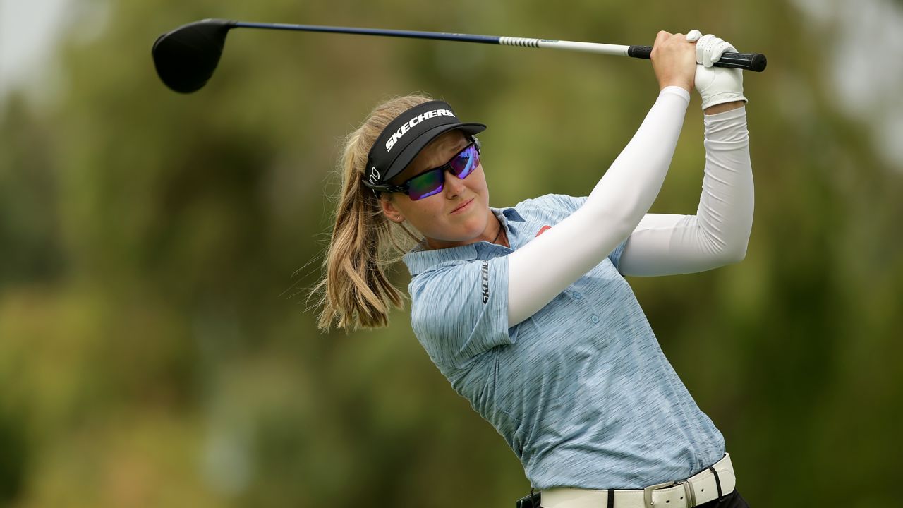 Brooke Henderson of Canada plays a tee shot on the 12th hole during the third round of the ANA Inspiration at the Dinah Shore course at Mission Hills Country Club.