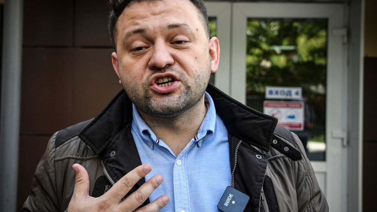 Sergei Boiko, a City Council candidate and the head of opposition leader Alexei Navalny's Novosibirsk headquarters, speaks to reporters in the Siberian city on September 13, 2020. 