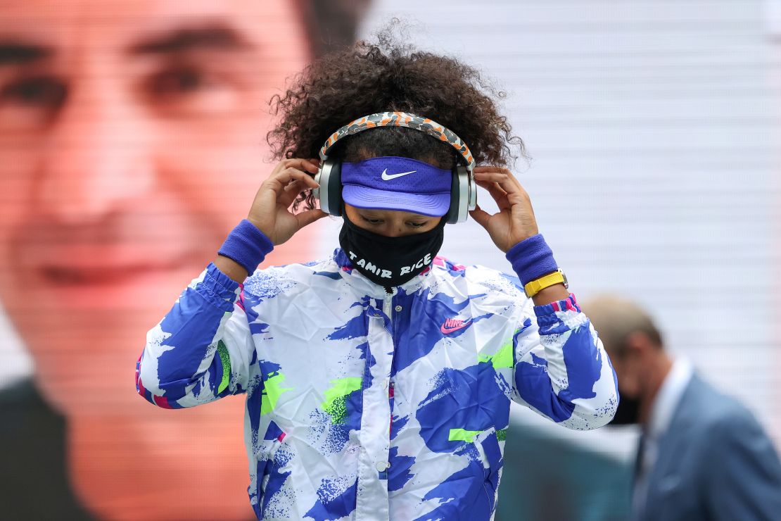 Naomi Osaka, 22, wears a mask bearing the name of Tamir Rice as she walks on court for the final of the US Open on September 12, 2020.