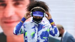 Naomi Osaka, 22, wears a mask bearing the name of Tamir Rice as she walks on court for the final of the US Open on September 12, 2020.