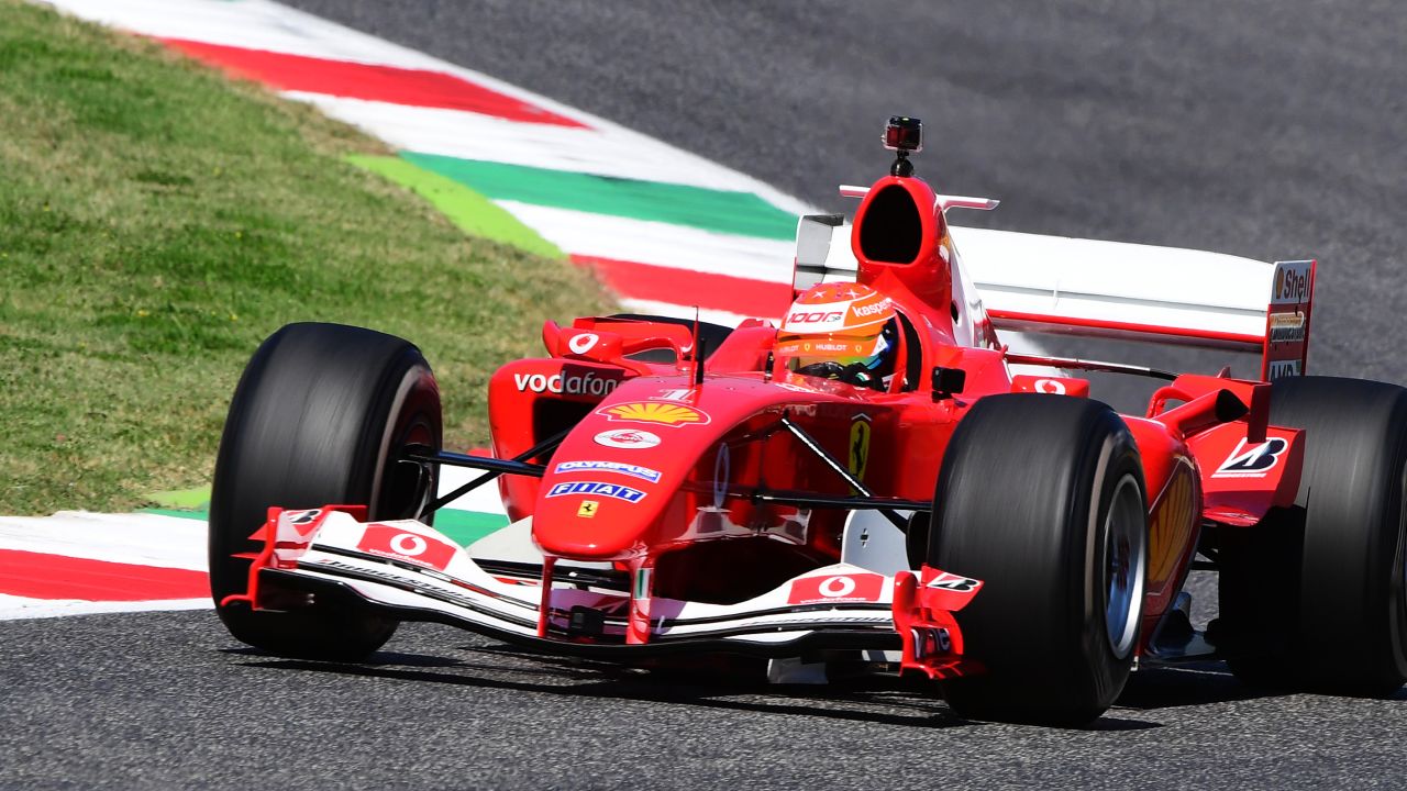 Mick Schumacher drives the Ferrari F2004 of his father Michael Schumacher before the F1 Tuscan Grand Prix at the  Mugello Circuit. 