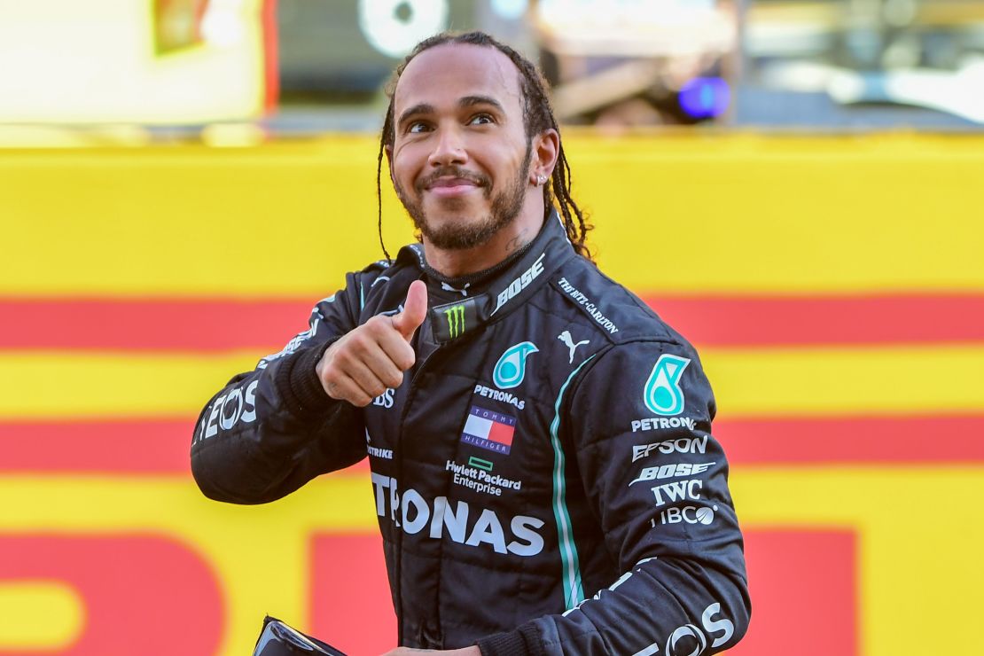 Lewis Hamilton celebrates winning the Tuscan Grand Prix at the Mugello circuit for his 90th F1 win.