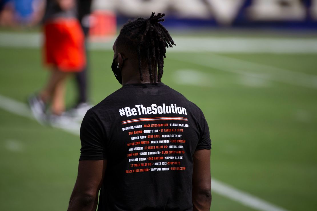 "Be the Solution" T-shirts worn by the Cleveland Browns during pregame warm-up against the Baltimore Ravens at M&T Bank Stadium.