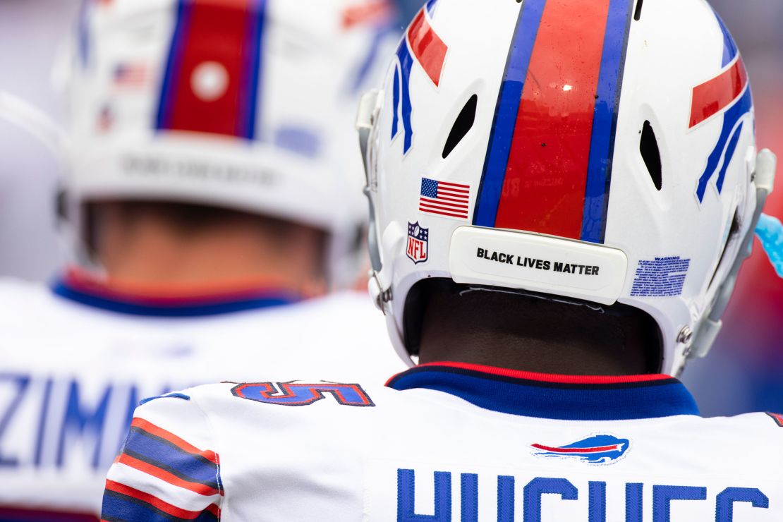 Detail view of a Black Lives Matter sticker on the back of a football helmet worn by Buffalo Bills defensive end Jerry Hughes before the Bills' game against the New York Jets on Sunday, September 13